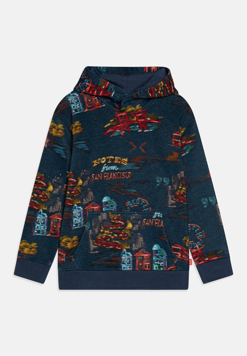 Sweat à capuche bleu marine avec des illustrations colorées sur le thème de San Francisco, comprenant des maisons, des tramways et le texte « Notes from San Francisco ».