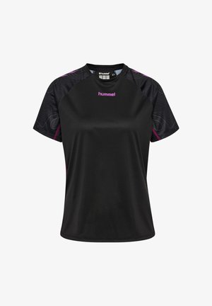 Czarny sportowy t-shirt z krótkim rękawem, o gładkiej fakturze, z zakrzywionymi fioletowymi akcentami i wzorzystym motywem na ramionach.