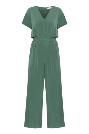 Green jumpsuit made of soft fabric. Features a V-neck, short sleeves, and an elastic waistband with wide-leg trousers. Simple design.