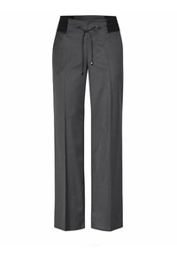 Wide-leg trousers in dark gray fabric. Features a black elastic waistband with drawstring closure and front pleats for structured design.