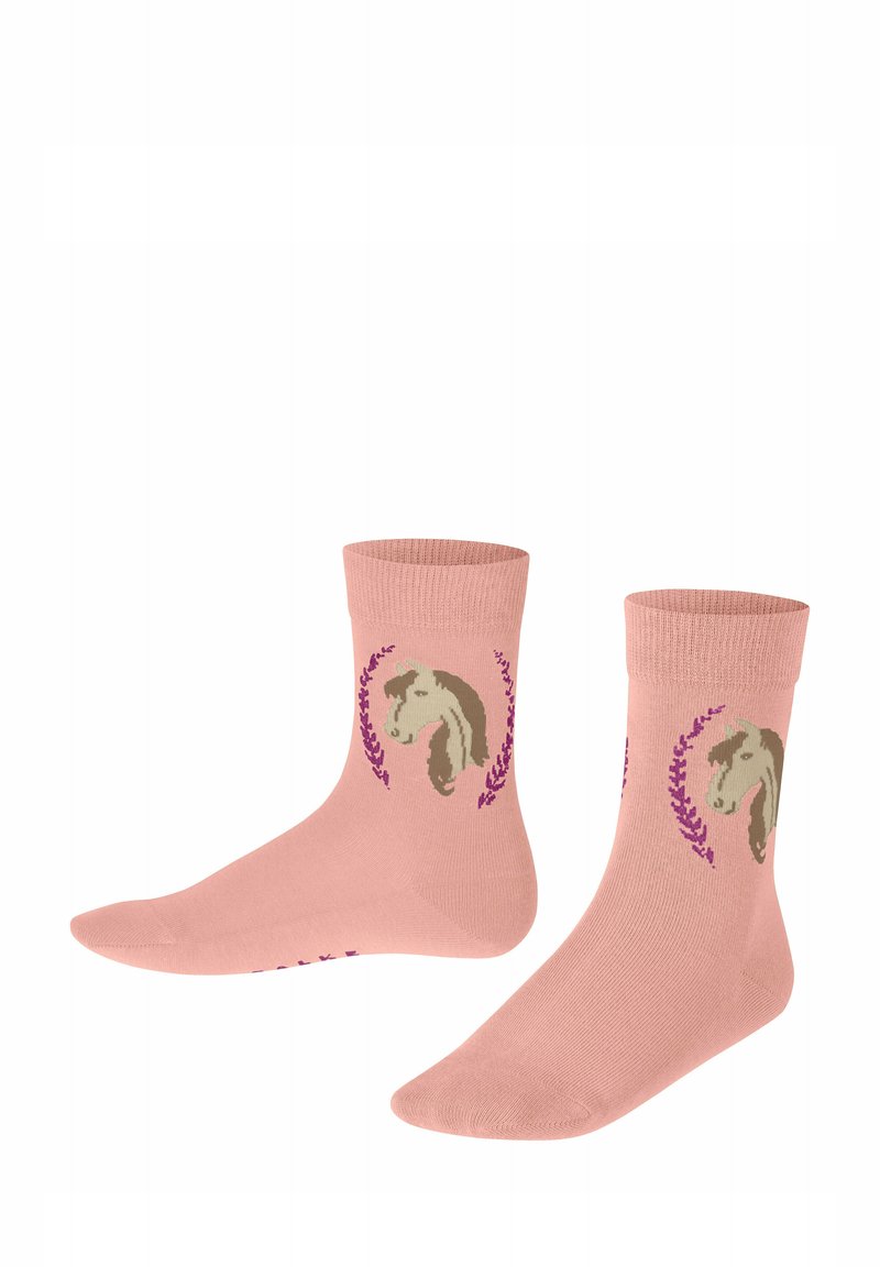 Helle rosa Baumwollsocken mit einem Einhornmotiv, umgeben von lila Blumenakzenten am Knöchel. Gerippter Bund für einen sicheren Sitz.