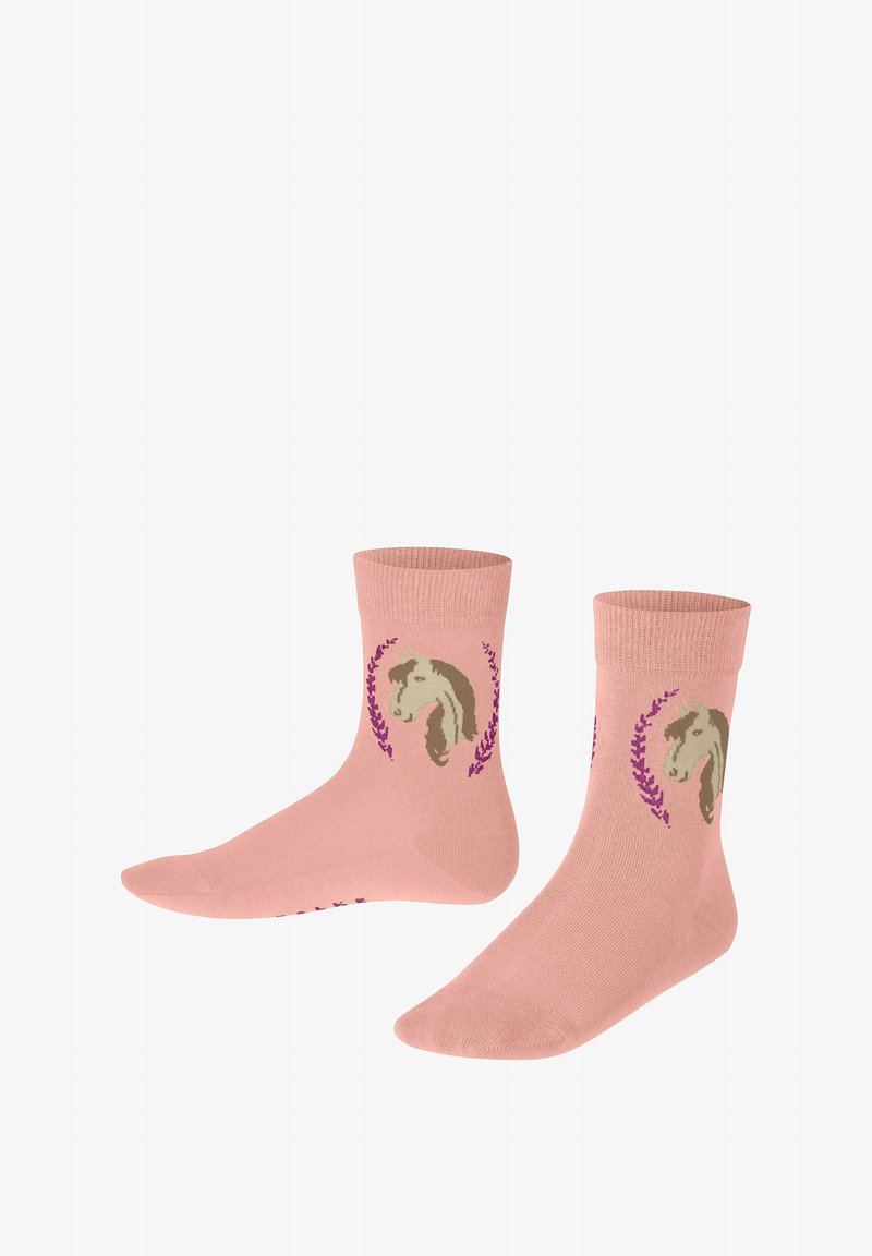 Helle rosa Baumwollsocken mit einem Einhornmotiv, umgeben von lila Blumenakzenten am Knöchel. Gerippter Bund für einen sicheren Sitz.