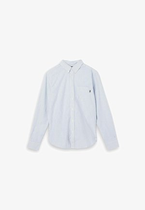 Gestreept overhemd in lichtblauw en wit, met een puntkraag, een borstzak en lange mouwen met knoopmanchetten.