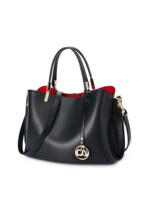 Zwarte leren handtas met een gladde textuur, gouden hardware-accenten, dubbele bovenhandgrepen en een afneembare schouderriem. Rode binnenvoering.