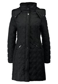 Černý prošívaný kabát s vysokým límcem, zapínáním na druky a zip a bočními kapsami na zip s texturovaným diamantovým vzorem.