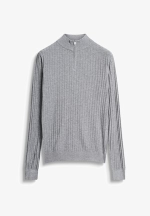 Pull gris à côtes avec un col haut et une fermeture éclair. Il possède des manches longues et un ourlet ajusté, fabriqué en maille douce et texturée.