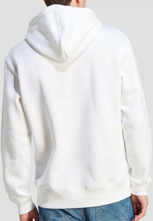 White hoodie with a large hood, ribbed cuffs, and hem. Smooth texture with no visible patterns or accents, viewed from the back.