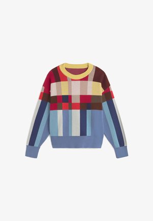Sweater featuring a multitude of colors in a checkered pattern, made of soft knit material, with a round yellow neckline and long sleeves.