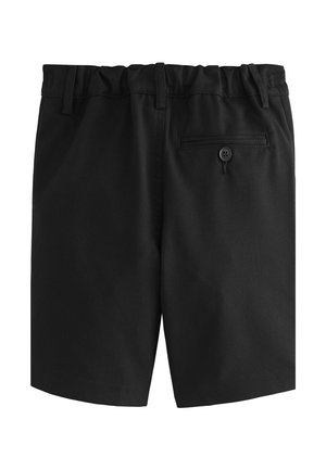 Sorte shorts med elastisk talje, glat tekstur og en baglomme med knaplukning. Ingen synlige mønstre eller detaljer.