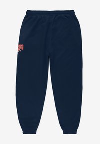 Granatowe spodnie dresowe wykonane z miękkiego materiału, z elastycznym paskiem w talii i mankietami u kostek, z małym czerwonym graficznym akcentem z przodu.