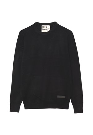 Maglione nero a collo giro caratterizzato da un tessuto morbido. Presenta polsini e orlo a costine, con un piccolo etichetta logo sul lato sinistro in basso.