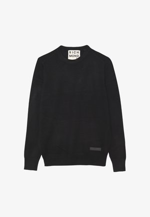 Maglione nero a collo giro caratterizzato da un tessuto morbido. Presenta polsini e orlo a costine, con un piccolo etichetta logo sul lato sinistro in basso.
