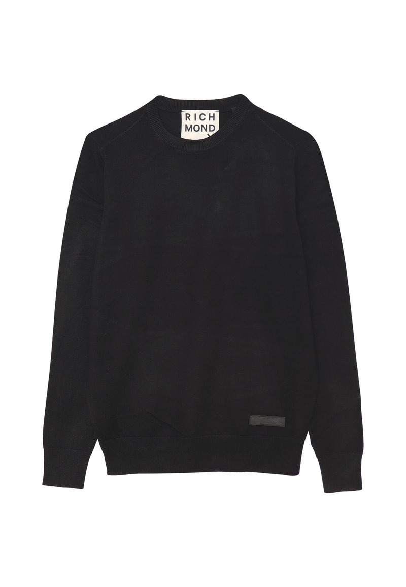 Maglione nero a collo giro caratterizzato da un tessuto morbido. Presenta polsini e orlo a costine, con un piccolo etichetta logo sul lato sinistro in basso.
