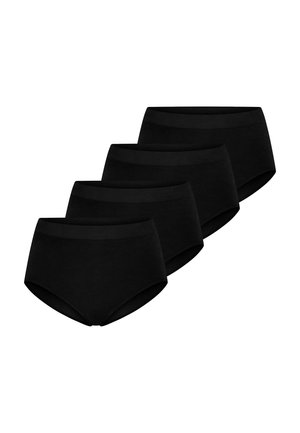 Quatre sous-vêtements noirs sans couture de style slip, disposés en diagonale sur un fond blanc.