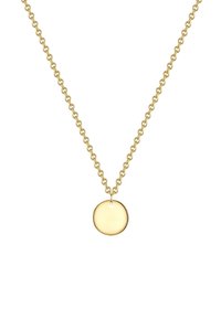 Arany nyaklánc lánccal és sima, kerek medállal. A medál fényes felülettel rendelkezik, és egy kis akasztóval van ellátva.