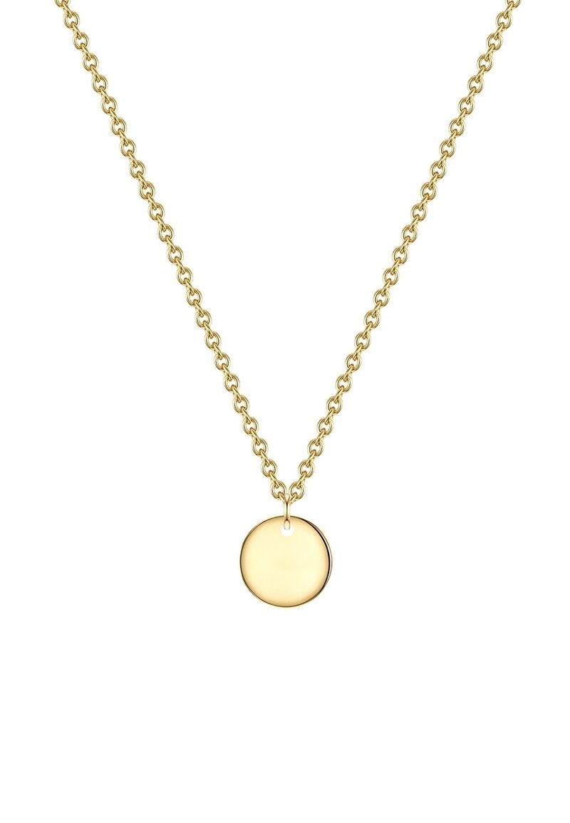 Arany nyaklánc lánccal és sima, kerek medállal. A medál fényes felülettel rendelkezik, és egy kis akasztóval van ellátva.