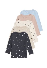 Drei Langarmoberteile in verschiedenen Farben: marineblau mit weißen Punkten, hellbeige mit dunklen Punkten, zartrosa und hellblau, Rippstoff.