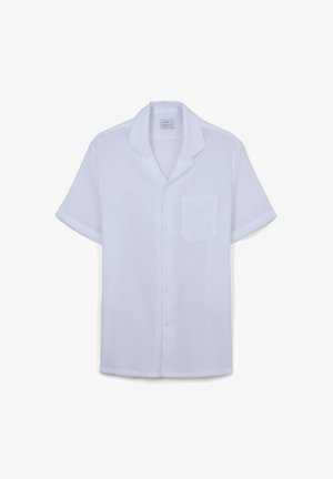 Kurzärmeliges weißes Hemd aus leichtem Stoff, mit durchgehender Knopfleiste, Reverskragen und einer einzelnen Brusttasche.