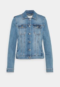 Ljusblå denimjacka med klassisk krage, knäppning med knappar, två bröstfickor och långa ärmar. Har stickade detaljer längs sömmarna.