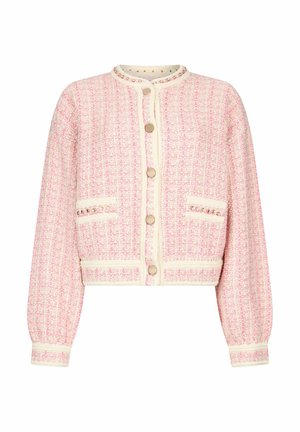 Kratší kardigan z růžového a krémového keprového tvídu s kulatým výstřihem, zapínáním na knoflíky, dvěma předními kapsami a dekorativními prvky.