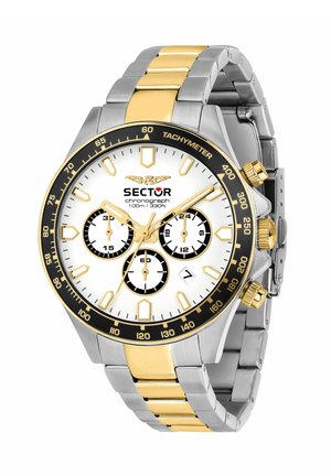 Orologio da polso cronografo con cinturino in metallo argento e oro, quadrante bianco, lunetta tachimetrica nera, lancette dorate e tre quadranti secondari che mostrano secondi, minuti e ore.