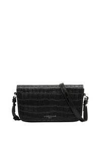 Sac bandoulière noir en simili cuir avec une texture crocodile, doté d'une bandoulière détachable et de subtils accents en métal argenté.