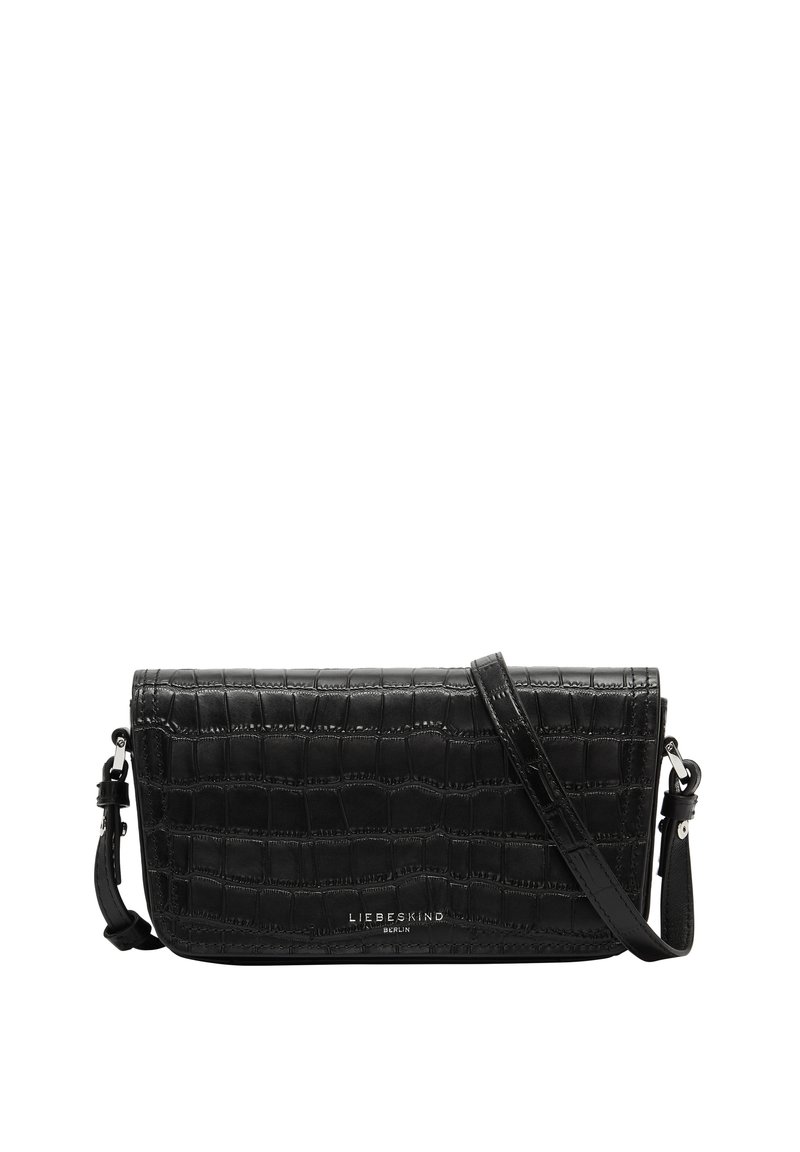 Sac bandoulière noir en simili cuir avec une texture crocodile, doté d'une bandoulière détachable et de subtils accents en métal argenté.