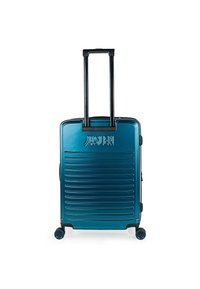 Maleta rígida de color verde azulado con textura acanalada, dos ruedas y un asa negra retráctil. Presenta un logotipo en relieve en la parte frontal.