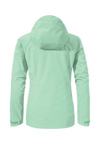 Giacca impermeabile verde menta chiaro con cappuccio, maniche lunghe, rifiniture ai polsini elastiche e una texture liscia. Vista posteriore.