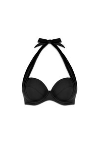 Black halter neck bikini top with molded cups, soft fabric, and a bow detail at the neck. Features seamless construction for comfort.