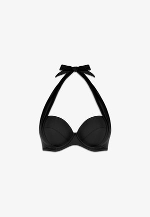Černý bikiny top s halter krkem, tvarovanými košíčky, měkkou tkaninou a mašlí na krku. Vyznačuje se bezšvovou konstrukcí pro maximální pohodlí.