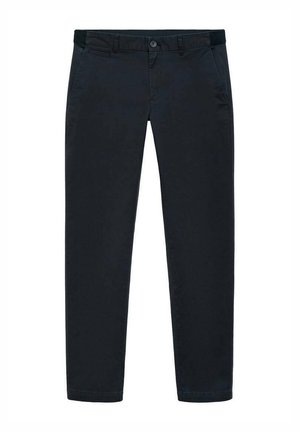 Dark blue chinos with a slim fit, made of cotton blend fabric, featuring a button closure, belt loops, and side pockets.