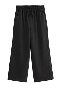 Schwarze, weit geschnittene, verkürzte Hose mit elastischem Bund und Kordelzug, mit Seitentaschen und entspannter Passform.
