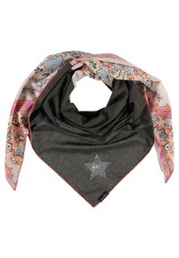 Écharpe en coton de forme triangulaire ; corps principal gris foncé avec une étoile cousue, bordée d'un bord coloré à motifs floraux.