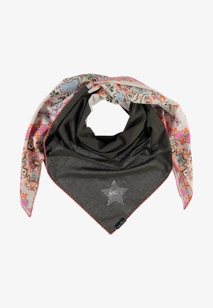 Écharpe en coton de forme triangulaire ; corps principal gris foncé avec une étoile cousue, bordée d'un bord coloré à motifs floraux.