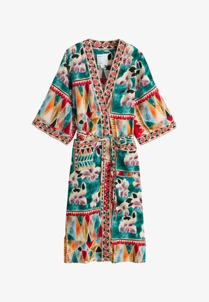 Bunt gemusterter Kimono-artiger Morgenmantel mit weiten Ärmeln, floralen und geometrischen Designs sowie einem passenden Taillengürtel.
