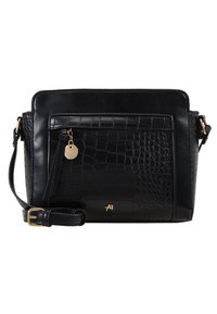 Schwarze Ledertasche für die Schulter mit Krokodilprägung, ausgestattet mit einer Fronttasche, Hardware in Goldfarbe und einem verstellbaren Trageriemen.