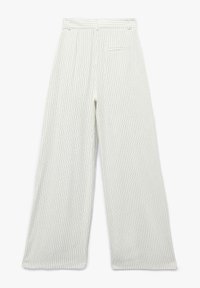 Witte streepjese brede broek met een hoge taille, voorzien van een achterzak en een gladde, gestructureerde stof.