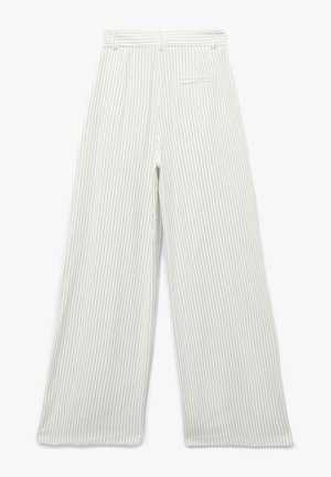 Witte streepjese brede broek met een hoge taille, voorzien van een achterzak en een gladde, gestructureerde stof.