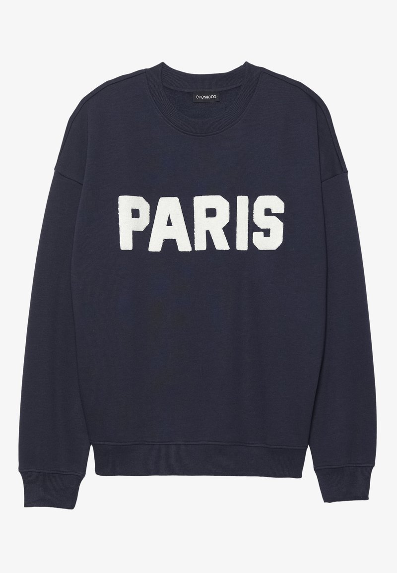 Sweatshirt bleumarin cu manșete și guler ribbed, având litere din fâșă albă care scriu "PARIS" pe față.