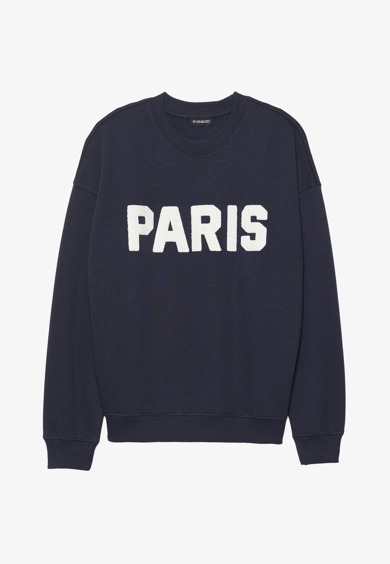 Sweatshirt bleumarin cu manșete și guler ribbed, având litere din fâșă albă care scriu "PARIS" pe față.