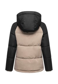 Gevoerde jas met een zwarte capuchon en mouwen, een beige lichaam en ribgebreide manchetten. Kenmerkt zich door een gewatteerde textuur en een relaxte pasvorm.