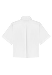 White short-sleeve shirt with a pointed collar, featuring a streamlined cut and subtle back pleats for added structure. Smooth texture.