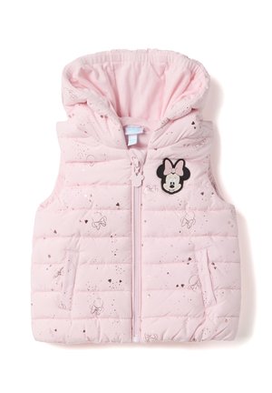 Lichtroze gewatteerde bodywarmer met capuchon, ritssluiting aan de voorkant, Minnie Mouse applicatie, en kleine strik- en hartpatronen.