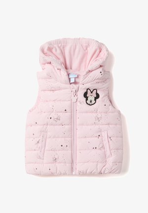 Veste matelassée à capuche rose clair avec fermeture éclair avant, écusson Minnie Mouse, et petits motifs de nœuds et de cœurs.