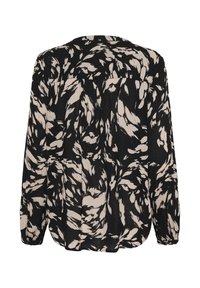 Blouse à motifs noirs et crème, manches longues, coupe décontractée, encolure ronde et plis au dos. Tissu texturé.