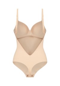 Beige bodysuit med formar för kupor, justerbara axelband och en V-formad utskärning framtill. Slät textur med tryckknappstängning i botten.