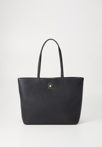 Black leather tote bag with two long handles, a smooth texture, and a gold-tone logo accent on the front. Rectangular shape.