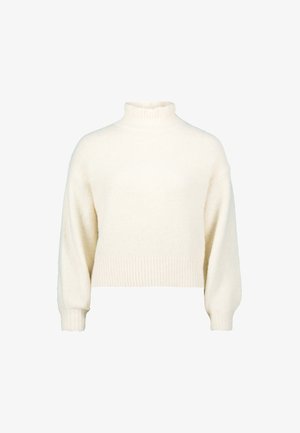 Crème-kleurig, cropped trui met een hoge hals, lange mouwen, geribde manchetten en een zachte, pluizige textuur. Geen zichtbare patronen of hardware.