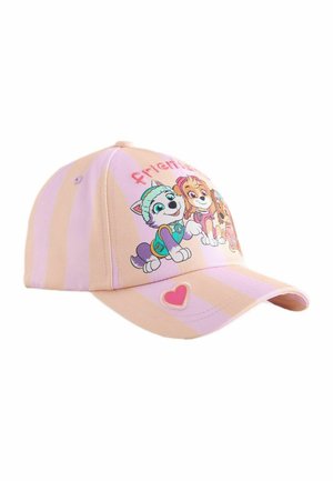 Casquette pour enfants rayée rose et beige avec des chiens dessinés, le mot « amis » et un petit cœur rose sur la visière.
